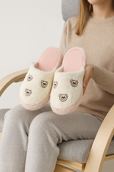Beyond Women's Powder Teddy Bear Embroidered Plush House Slippers Byndfkb02