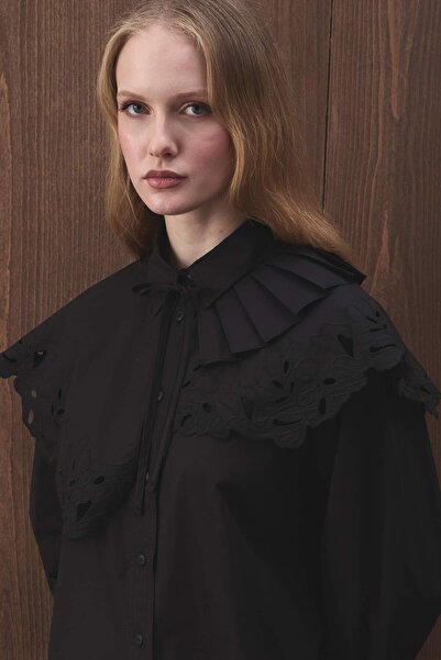 Hooopstore Premium Poplin Pleated Detailed Embroidered Black Collar