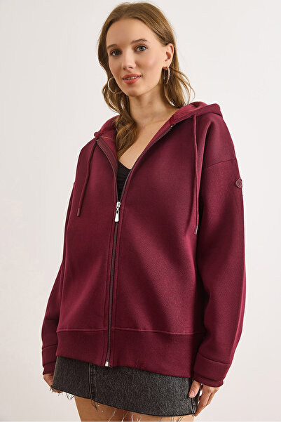 Olalook Kadın Bordo Asimetrik Ribanalı Manşet Detaylı Oversize Sweatshirt SWT-19000765