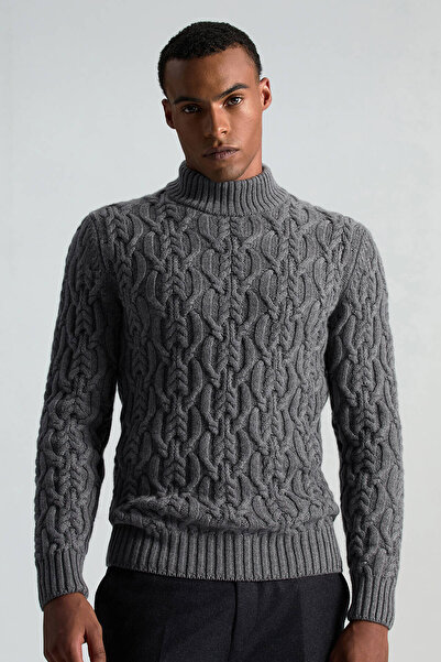 Hemington Saf Kaşmir Lupetto Yaka Saç Örgü Desenli Koyu Gri Kazak