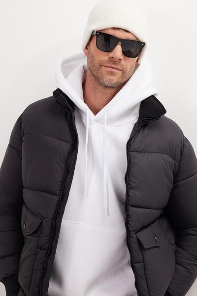 Tudors Men's Regular Fit Classic Cut Double Pocket Elastic Stand Collar Black Coat