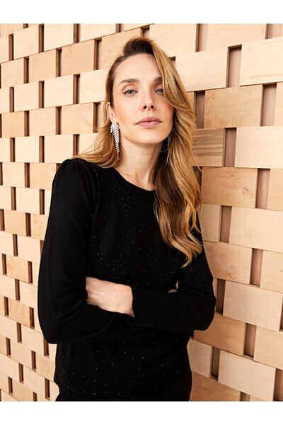 LC Waikiki Γυναικείο πλεκτό πουλόβερ με μακρυμάνικο εμπριμέ λαιμόκοψη