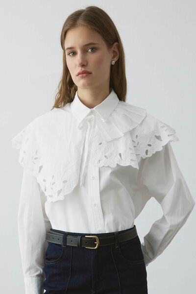 Hooopstore Premium Poplin Pleated Detailed Embroidered White Collar