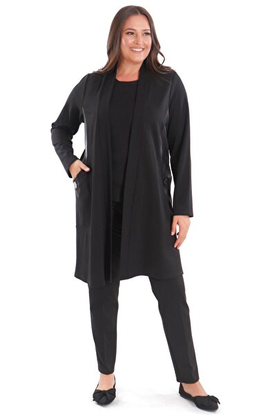 Metpoint Trend42Plus Large Size Steel Black Cardigan with Leather Trim on the Sides