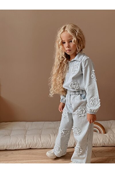 Patriko Girls' Denim Fabric Jeans Jacket - Denim Pants Flower Embroidery Patterned Jacket Jean Bottom Top Set 3-10 Years