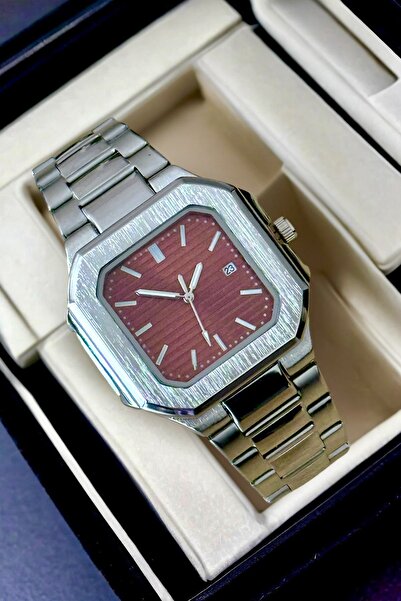 Louis Genessio Premium Quartz Steel Calendar Silver&Claret Red Men's Wristwatch