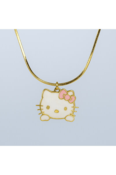 El Takı 925 Ayar Hello Kitty Figürlü Beyaz ve Pembe Mine Detaylı Altın Kaplama Gümüş Kolye
