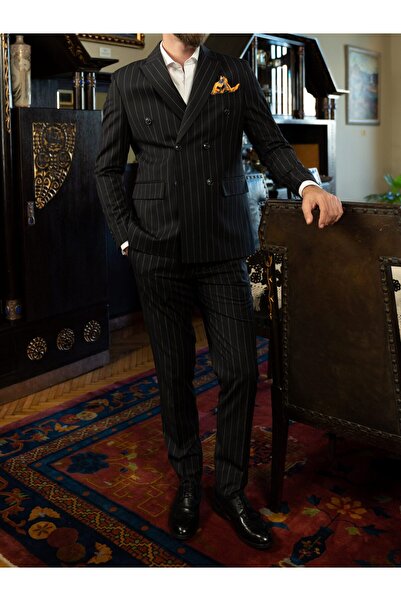 Couture For Gentlemen Men's Black Striped Double Breasted Tailored Fit Suit Cfg321