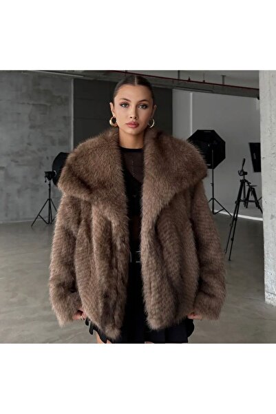 moda paketi Hnědý oversize dámský kabát z umělé kožešiny