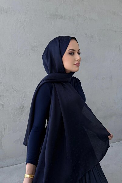 Byedauzunlar Navy Blue Liya Patterned Silky Jacquard Shawl