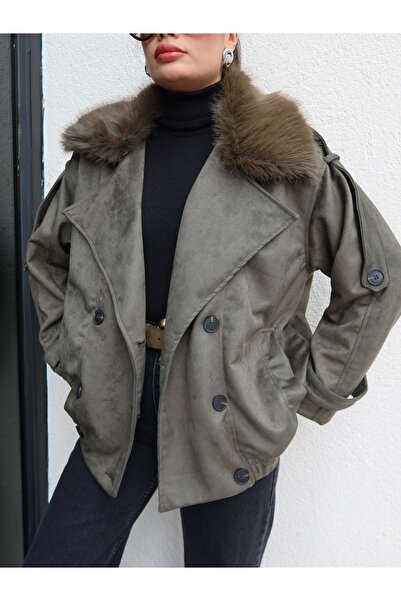 ESRAHELVACI Μπουφάν από σουέτ με γούνινο γιακά στη μέση