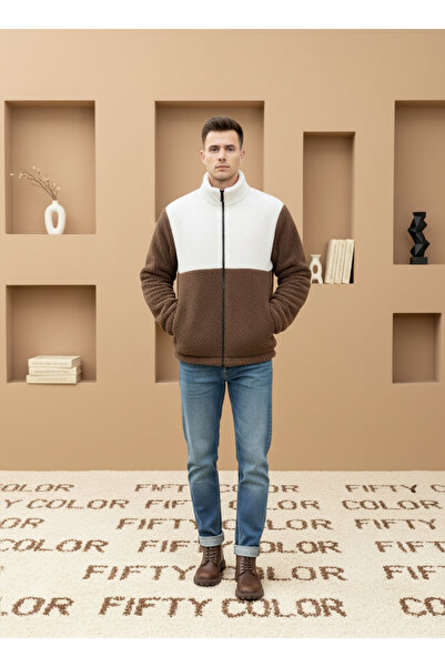 SR Tekstil Trendy, Unisex, Brown-White, Color Block, Zippered, Stand Collar, Sherpa, Fleece, Jacket