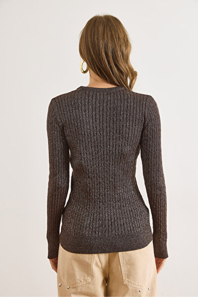 Olalook Дамски кафяв пуловер с плитка на врата и велосипедна яка KZK-19001026