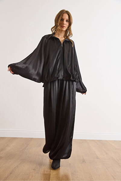 Olalook Kadın Siyah Saten Gömlek Şalvar Pantolon Takım TKM-19000446