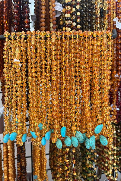 İpek Kehribar Limon Renk Sertifikalı Kehribar Bebek Kolyesi - Turkuaz Detaylı...