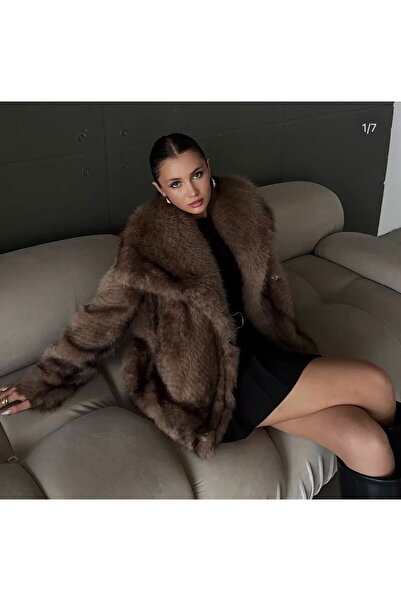 moda paketi Коричнева oversize штучна хутряна жіноча куртка