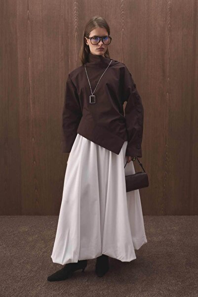 Hooopstore Düğme Detaylı Asimetrik Kahve Bluz