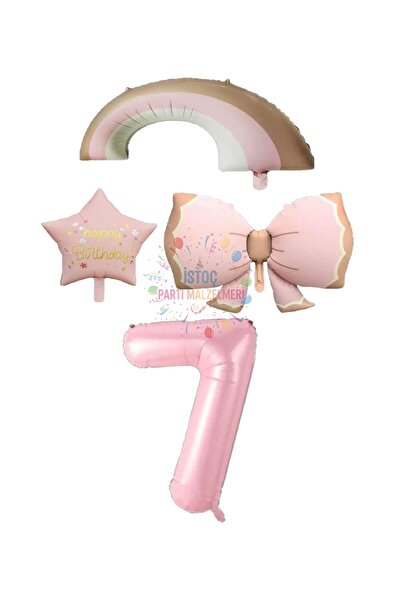 İSTOÇ PARTİ Pink Color Bow Rainbow Star and Number Foil Balloon Set Age 7
