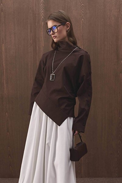 Hooopstore Düğme Detaylı Asimetrik Kahve Bluz