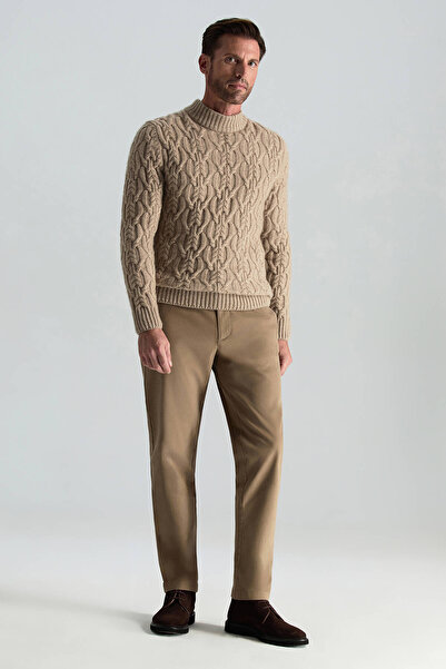 Hemington Saf Kaşmir Lupetto Yaka Saç Örgü Desenli Camel Kazak