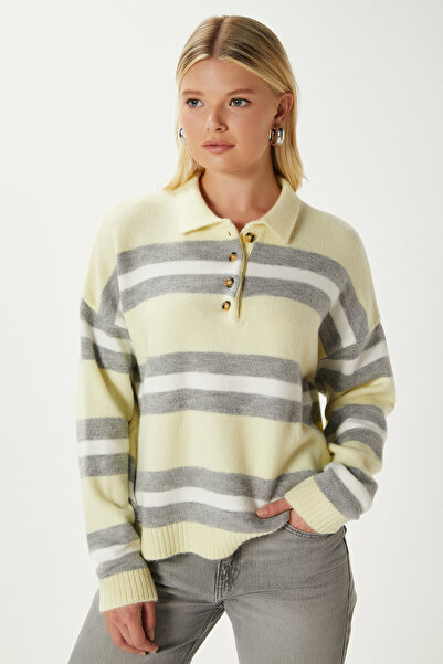 Ritnice Otto Yumuşak Dokulu Polo Yaka Sarı Gri Çizgili Kazak