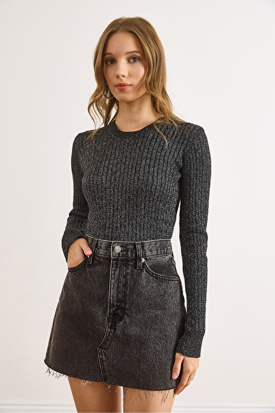 Olalook Kadın Siyah Bisiklet Yaka Saç Örgü Basic Kazak KZK-19001026