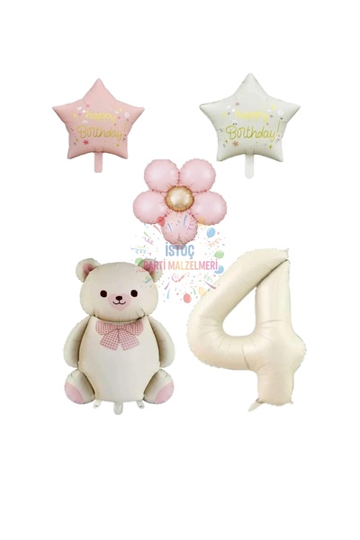 İSTOÇ PARTİ Cream Color Number and Teddy Bear Starry Daisy Foil Balloon Set A...