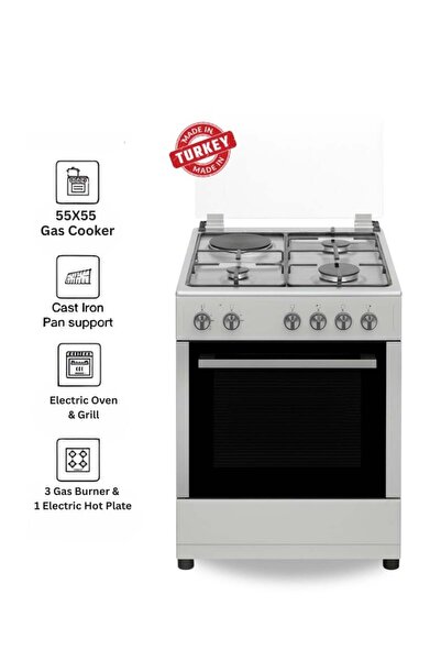 Venüs موقد طهي فينوس ٥٥×٥٥ سم من الفولاذ المقاوم للصدأ | ٣ شعلات غاز + موقد كهربائي | فرن كهربائي و