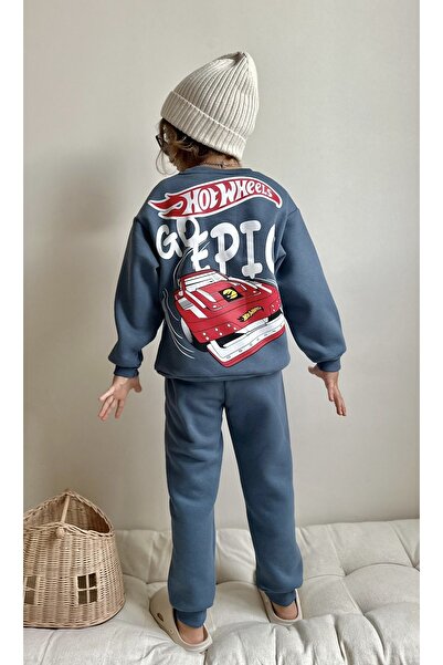 Patriko Boys' Car Printed Inner Fleece Lined Winter New Season Blue Color 3-10 Years Old Tracksuit Bottom and Top Set