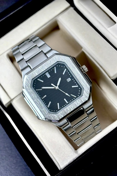 Louis Genessio Premium Quartz Steel Calendar Silver&Navy Blue Men's Wristwatch