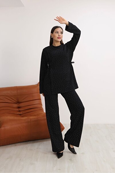 Mira İpek Γυναικείο Σετ Σάλι Μοντέρνο Υφασμάτινο Κρυστάλλινο Πέτρινο Λεπτομερές Σετ Δύο Τεμάχια με Δώρο