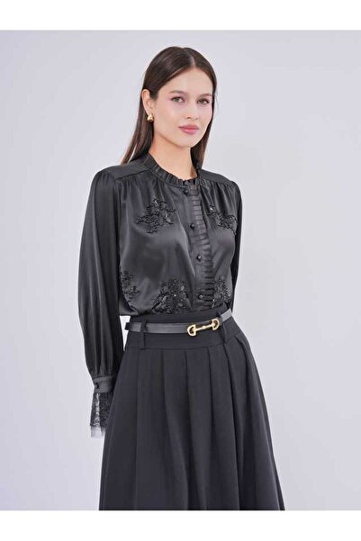 SERPİL Dantel Manşet Detaylı Saten Uzun Kollu Kadın Gömlek 50601