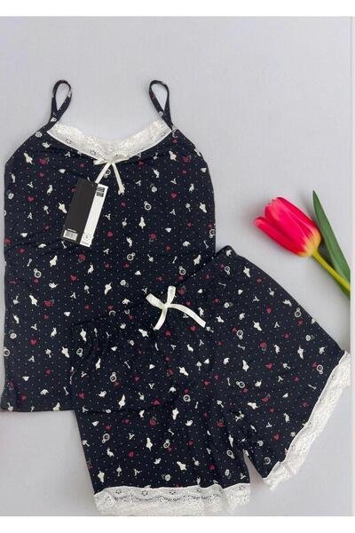 VAJESTO Γυναικείο Σετ Πιτζάμες με Μαύρο Σορτς με Κορδόνια, Νυχτικό με Δαντέλα...