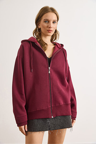Olalook Kadın Bordo Asimetrik Ribanalı Manşet Detaylı Oversize Sweatshirt SWT-19000765
