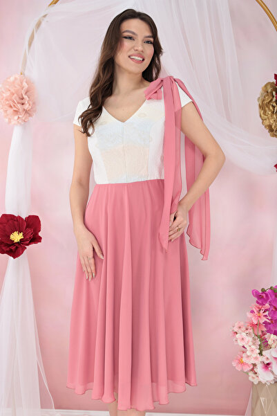 Vanessa Line RO Rochie clos roz cu bust din brocart ivory