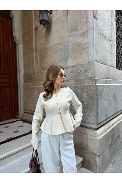 ALVOR Bisiklet Yaka Volanlı Düğmeli Triko Hırka