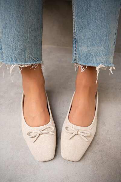 LAMİNTA Linda Beige Suede Women's Ballerinas with Bow Detail