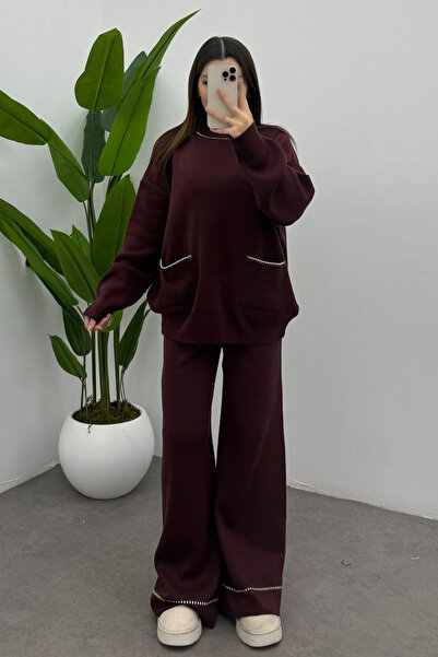 Bipantolon Women's Burgundy Turtleneck Pocket Detailed Sweater Pants Knitwear Set