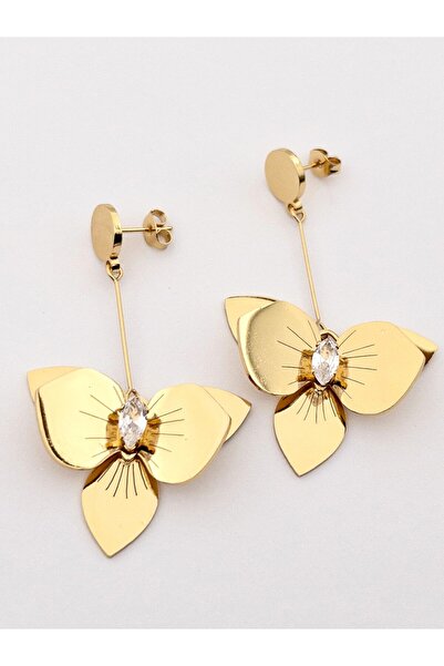 Siya Silver Kararmaz Çelik Zirkon Taşlı Katmanlı Sallantılı Uzun Çiçek Küpe - 5,8 cm