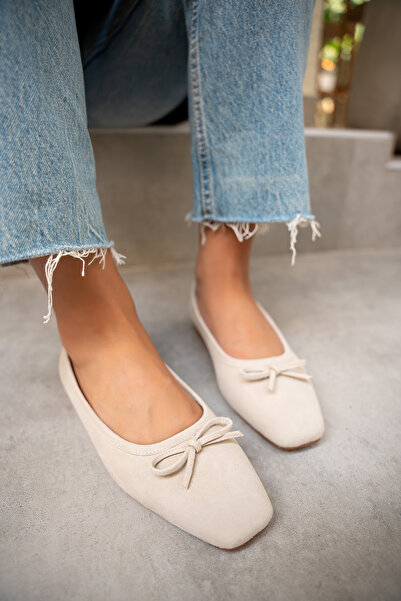LAMİNTA Linda Beige Suede Women's Ballerinas with Bow Detail