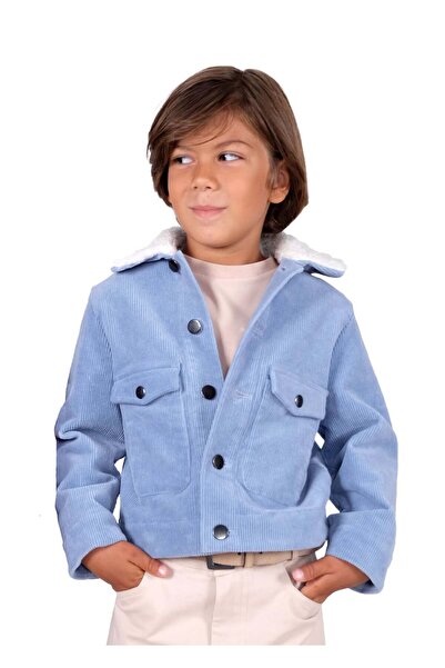 Ozmoz By Mukadder Özden Corduroy Light Blue Sport Cut Winter Boys' Jacket