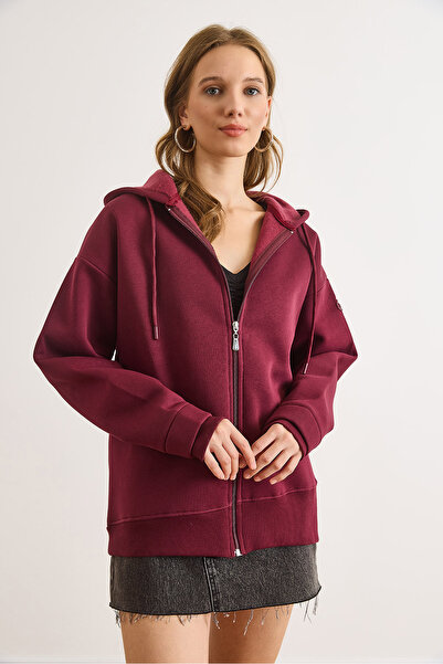 Olalook Kadın Bordo Asimetrik Ribanalı Manşet Detaylı Oversize Sweatshirt SWT-19000765