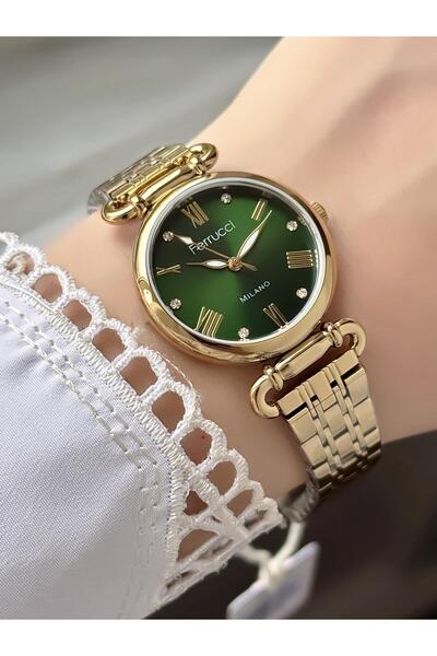 Ferrucci Kadın Yuvarlak Taşlı Yeşil Kadran Gold Metal Kordon Kol Saati