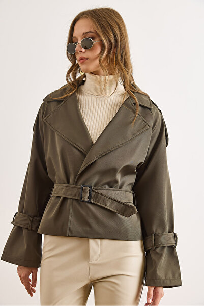 Olalook Women's Khaki Lined Belted Short Bondit Trench Coat Trc-00000014