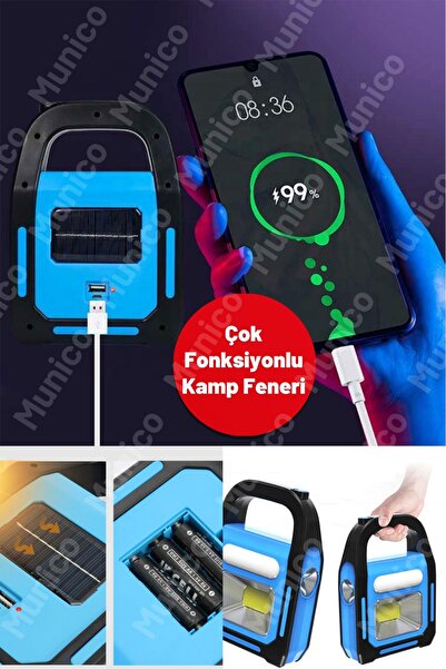Munico Işıldak & Powerbank Kamp Lambası Güneş Paneli ile Şarj Edilebilir Elek...