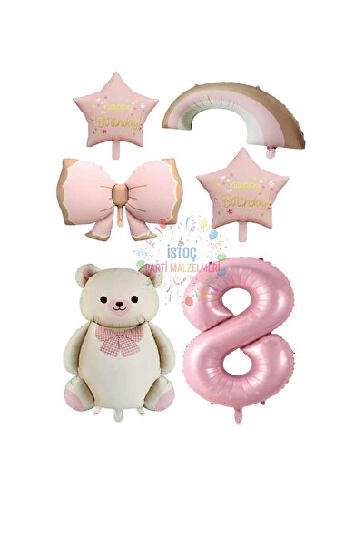 İSTOÇ PARTİ Pink Color Bow Star Number Rainbow and Cream Teddy Bear Foil Ball...