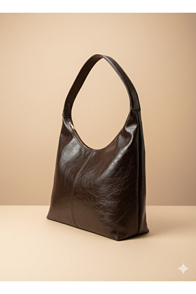 KISCHE Women's Shoulder Bag Wrinkled Leather Coffee Zipper Lining Shoulder Bag