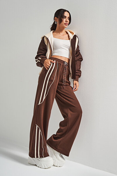 its basic Kadın Bej Kahve Renk w5-16 Örme Kumaş Polar ve Eşofman 2'li Tasarım Kombin Takım