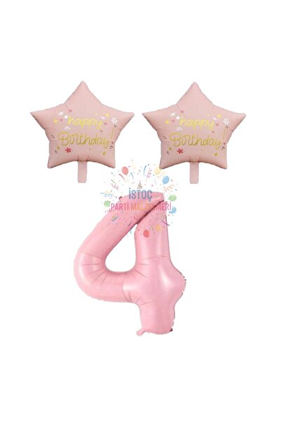 İSTOÇ PARTİ Pink Color Number and Happy Birthday Written Star Foil Balloon Se...