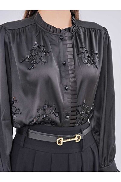 SERPİL Dantel Manşet Detaylı Saten Uzun Kollu Kadın Gömlek 50601